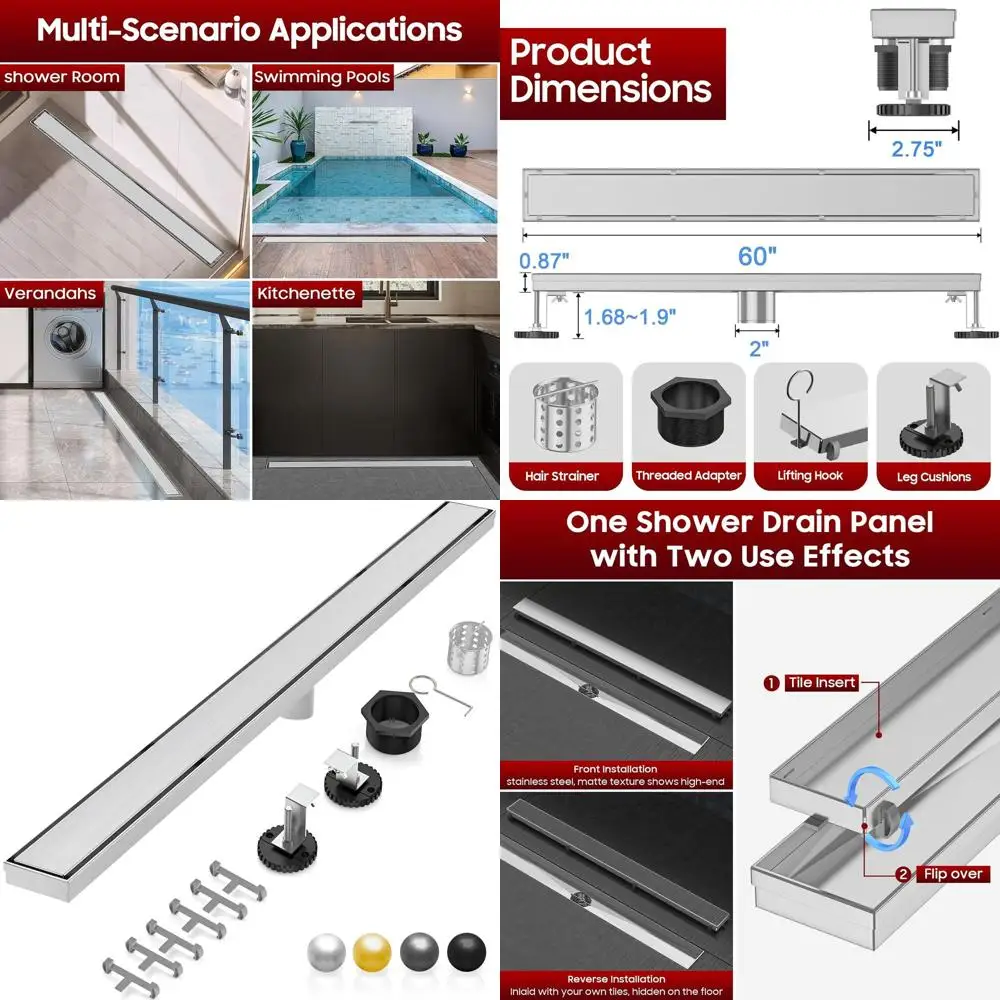 

Линейный душевой трап из матового никеля (60 см) с вставкой под плитку и регулируемыми опорами для ванной и балкона