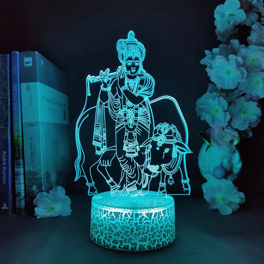 Lord Krishna With Cow LED Acrylic Lamp Colorful Table Decoration Religious Hindu Gods 3D Nightlight Bedroom Desktop Gadgets