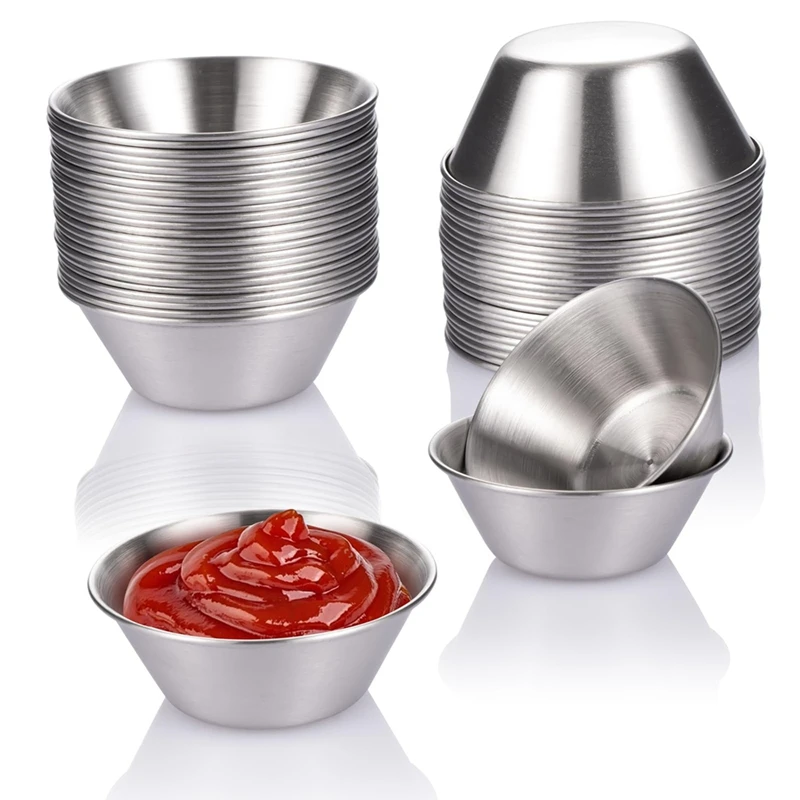 24 Pack Stainless Steel Sauce Cups,50Ml Reusable Round Condiment Cups, Dipping Sauce Cup, Stackable Individual Metal Cup