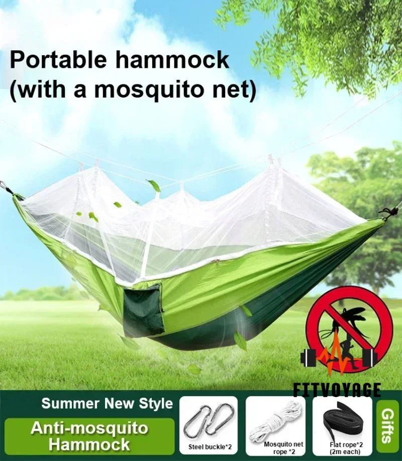 Outdoor Camping Hammock with Mosquito Net, Ultralight Nylon, Double, Large, Load-Bearing, Army Green Camping Air Tent