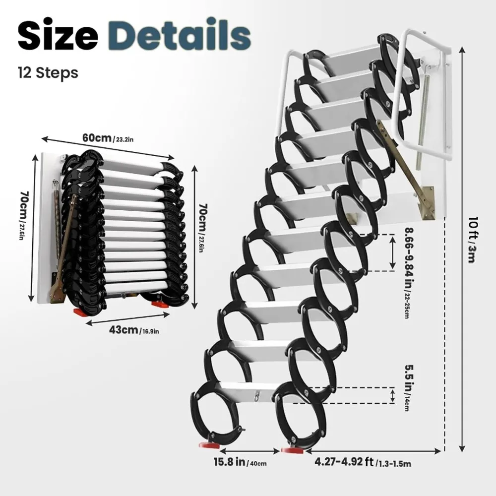 Escalera tipo loft extraíble para ático de aleación Al-Mg - Sistema extraíble de escalera para ático montada en la pared de 12 escalones - Capacidad de 1102 LBS