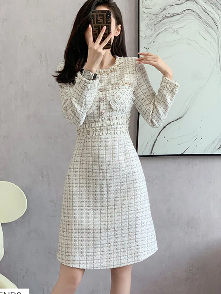 High Quality Luxury Design Runway Small Fragrance Tweed Dresses For Women Fashion Beading Winter Woolen Dress Female Party Dress