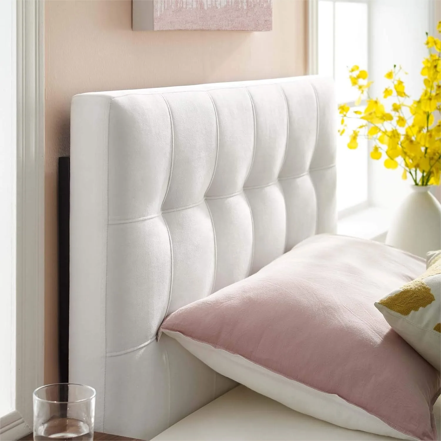 Twin Velvet Headboard with Biscuit Tufting, Performance Velvet Upholstered Headboard for Bed, Adjustable Height, White