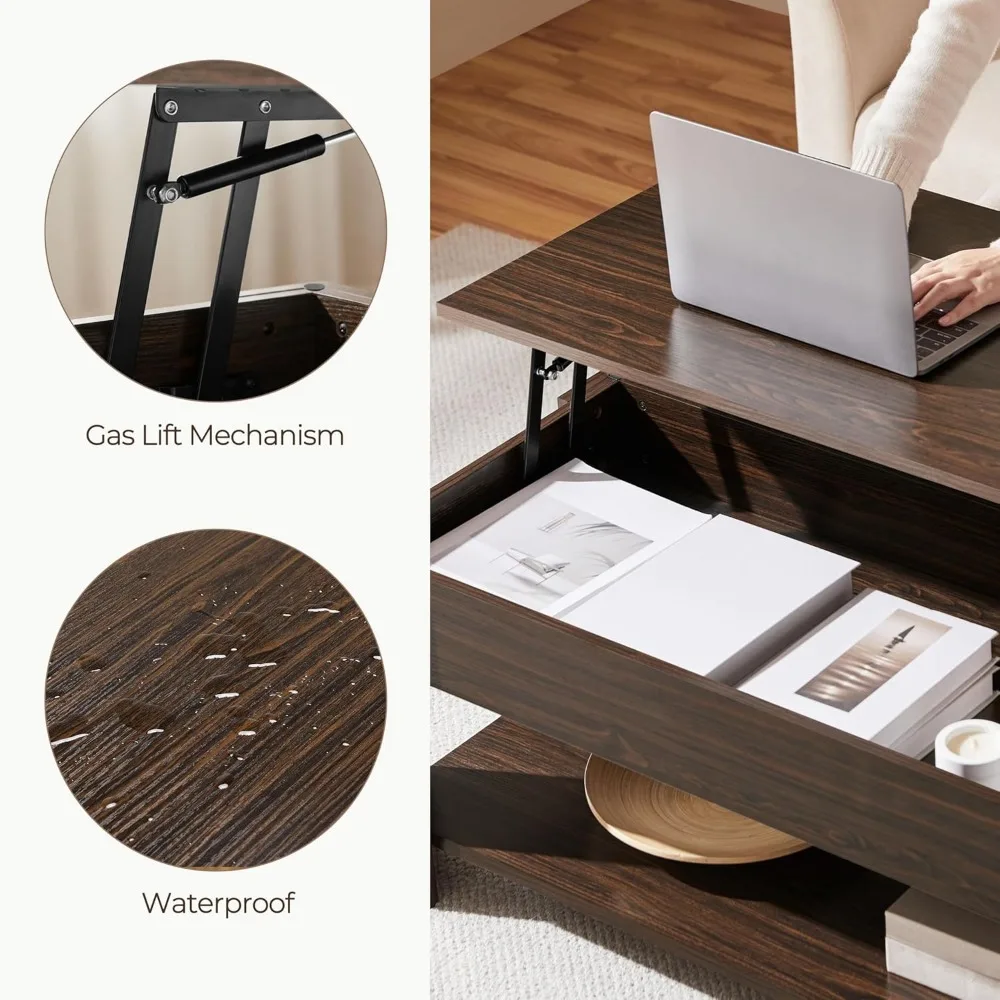 Lift Top Coffee Table with Hidden Compartment and Storage Shelf, Rising Tabletop Dining Table for Living Room Reception Room, 3