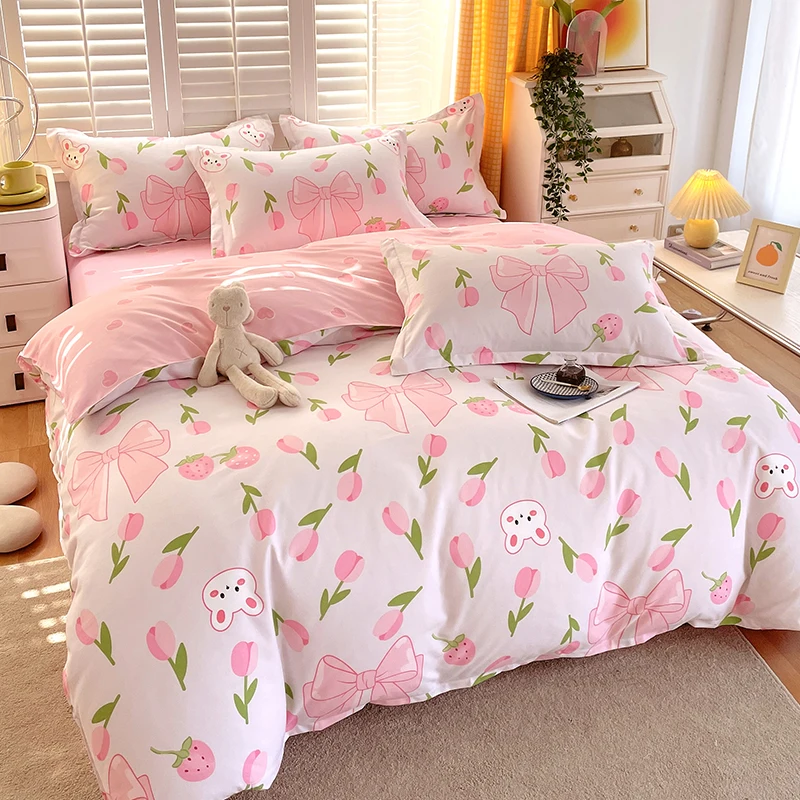 Pink Tulip Duvet Cover Cartoon Rabbit Floral Bedding Set Soft Microfiber Reversible Farmhouse Quilt Cover with 2 Pillowcase,King