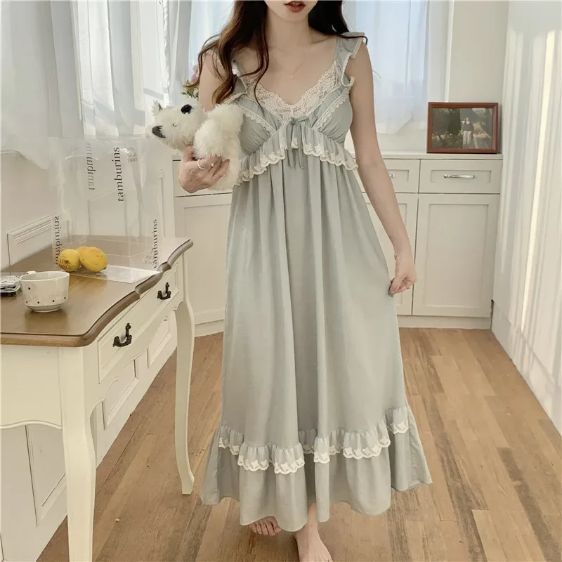 Korean Cute Princess Lace Summer Nightgown Spaghetti Strap Ruffles Long Sleepdress Home Wear Women Nightdress Green Cotton S207