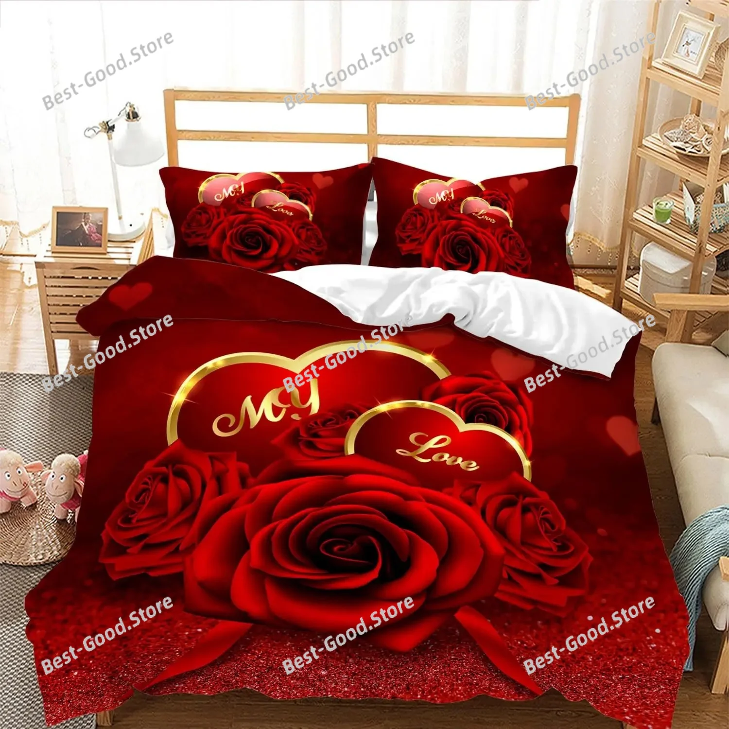 Red Rose Duvet Cover Set King Size, Red And White Comforter Cover Sets With Zipper Closure, Romantic Hearts Lover Bedding Set
