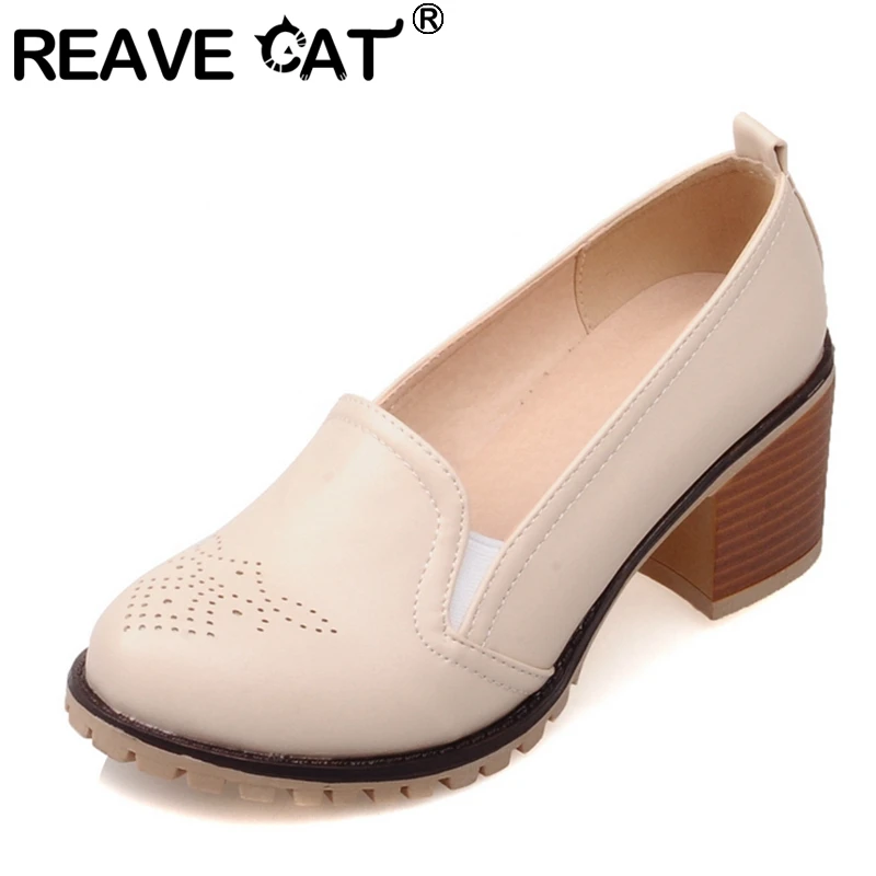 REAVE CAT 2021 Concise Ladies Pumps Comfort Slip On Hole Flowers Round Toe Platforms 6CM Chunky Heel US13 Black Beige Pink A4403