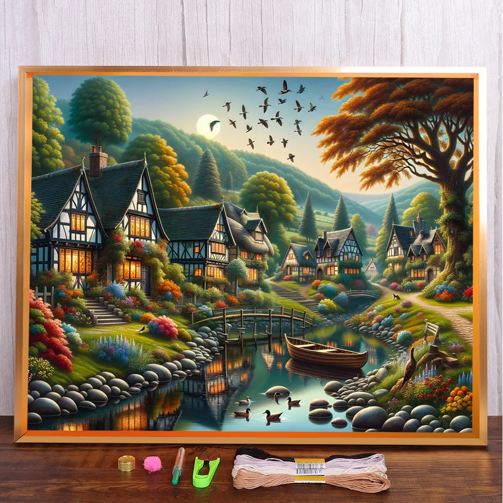 Landscape House By River Printed Fabric Cross Stitch Set Embroidery Handicraft Handmade Needlework Craft Magic Different Floss