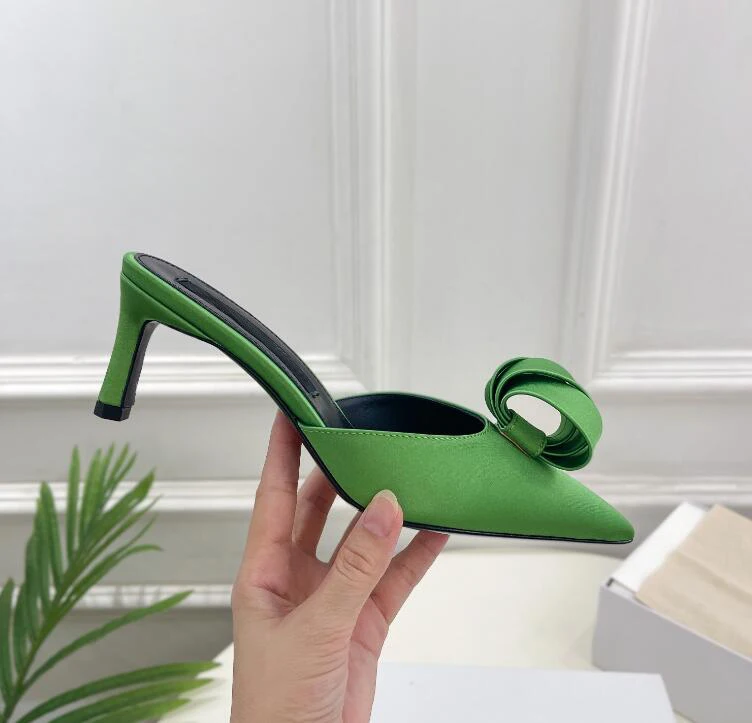 Rolled Flower Decor Ladies Green Sandal Shoes Real Silk Satin Pointy Toe Slingback Fashion Brand Name Party Dress Shoe Heels