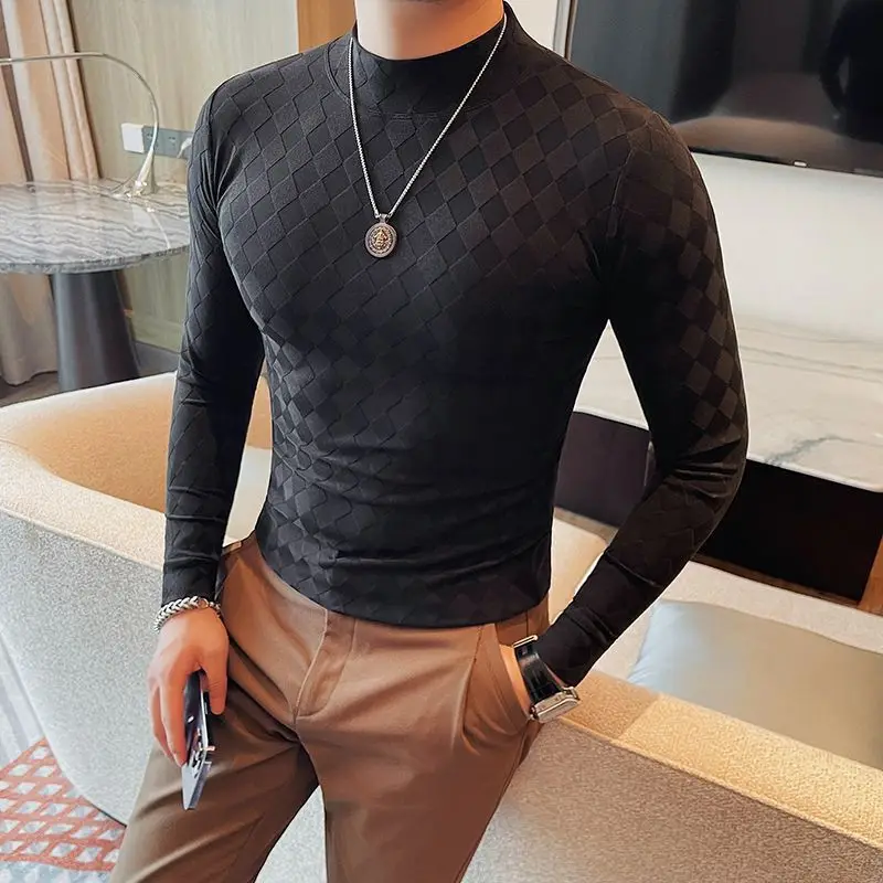 Korean Fashion Men Clothing New T-Shirts Autumn Winner O-Neck Solid Plaid Mock Neck Trend Versatile Casual Long Sleeve Slim Tops