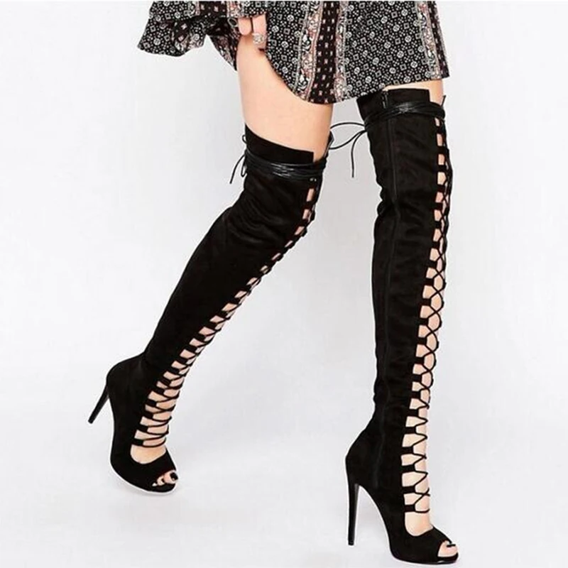 

Fashion Black apricot Suede Cross tied Cutout Thigh Boots Thin High Heels Peep toe Over the knee Boots Woman Knight Boots