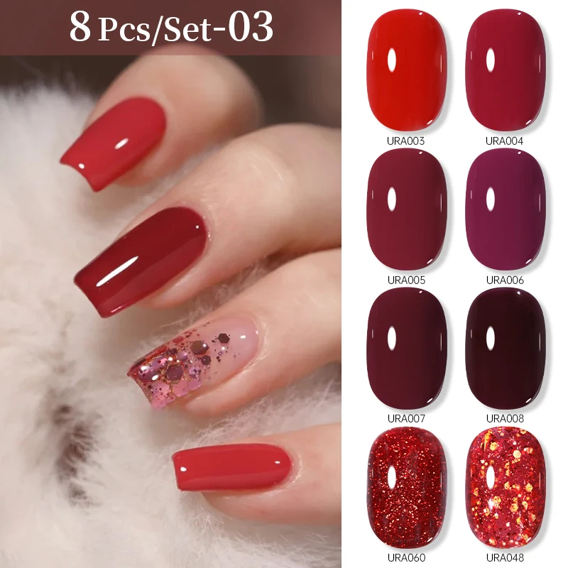 UR SUAGR 15 مللي 8 قطعة مجموعة طلاء الأظافر هلام مسمار الفن نقع قبالة الأشعة فوق البنفسجية هلام مجموعة ملونة شبه دائمة الهجين هلام الورنيش قاعدة معطف فوقي