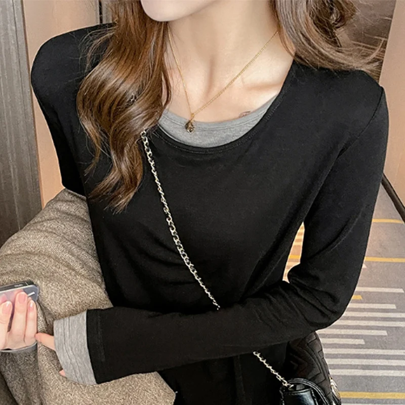 Chic Design Fake Two Piece Base Shirts Women Autumn Loose Versatile O-Neck Shirts Korean Streetwear Contrasting Long Sleeve Tops