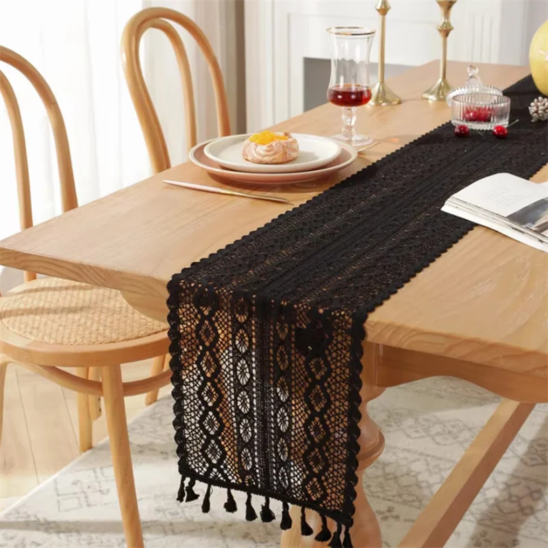

Скатерть-дорожка в европейском стиле, однотонная, вязаная крючком, ажурная, для дома, отеля, столовой, декоративная, с кружевом и кисточками