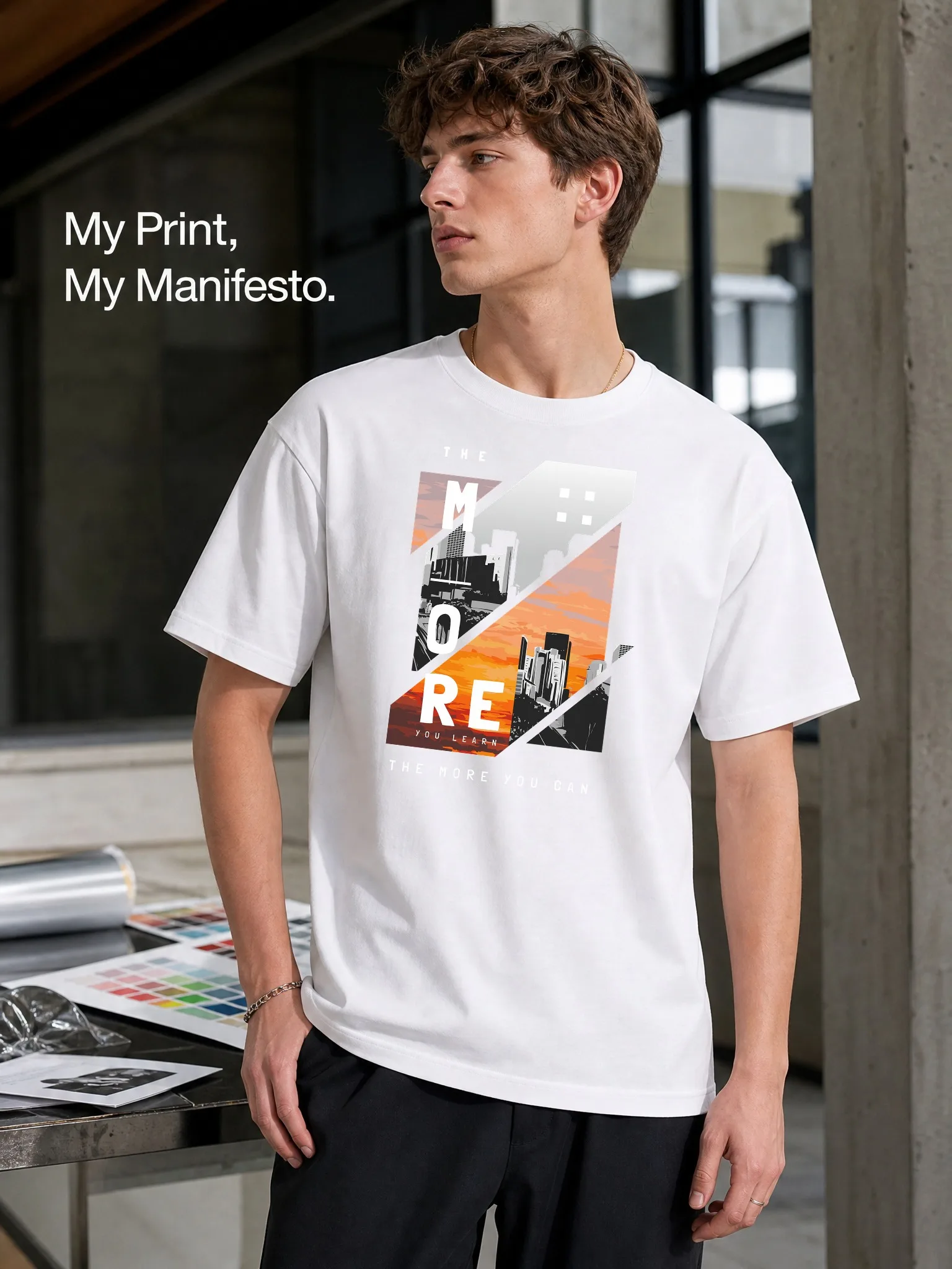 Men's White Loose-Fitting Round-Neck Short-Sleeve T-Shirt with Letter City Print, Casual Street Style, Versatile Trendy Item for Everyday Wear, Comfortable and Breathable
