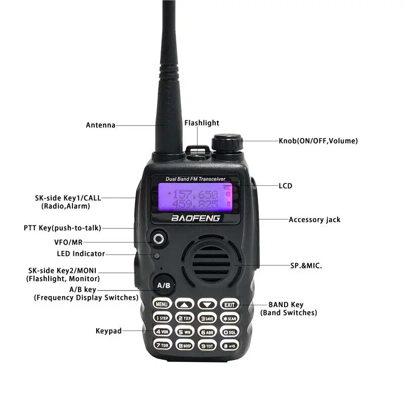 2 peças preto novo walkie talkie baofeng BF-A52 vhf 136-147mhz & uhf 400-520mhz banda dupla 5w 128ch vox rádio em dois sentidos