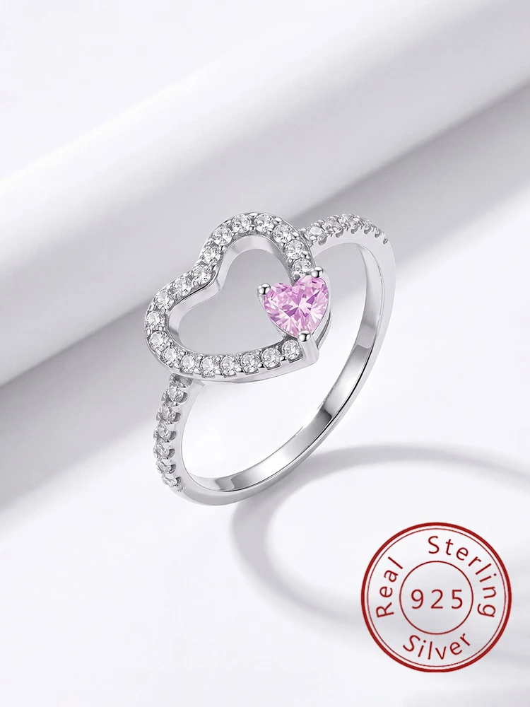 

925 Sterling Silver Luxury Double Love Heart Pink White Ring For Women Party Anniversary Daily Wear High Quality Fine Jewelry