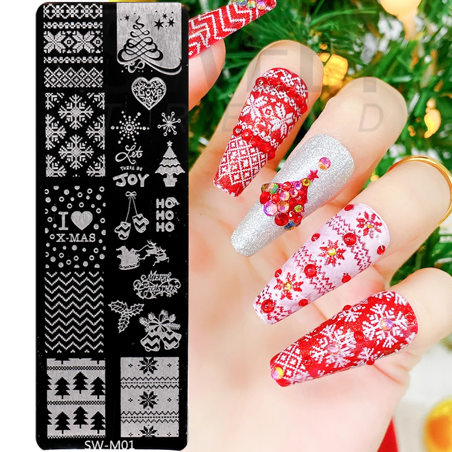 Merry Christmas Nail Stamping Plates Cutie Tree Winter Snowflakes Elk Santa Socks Letter Xmas Nail Art Manicure Templates KESW-M