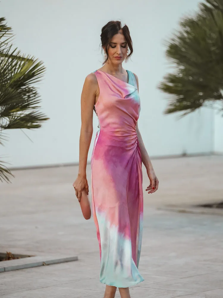 Hh feminino novo chique elegante cetim impressão tie dye midi vestido mulher moda noite sem mangas bainha dobras vestidos