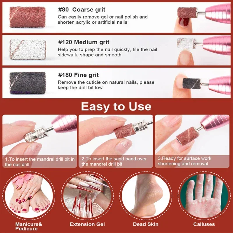 Imagem -06 - Elétrica Unhas Bandas de Lixamento Broca Manicure Elétrica Moagem Cabeças Remoção uv Gel Polonês Ferramentas Abrasivas 80 120 180grit