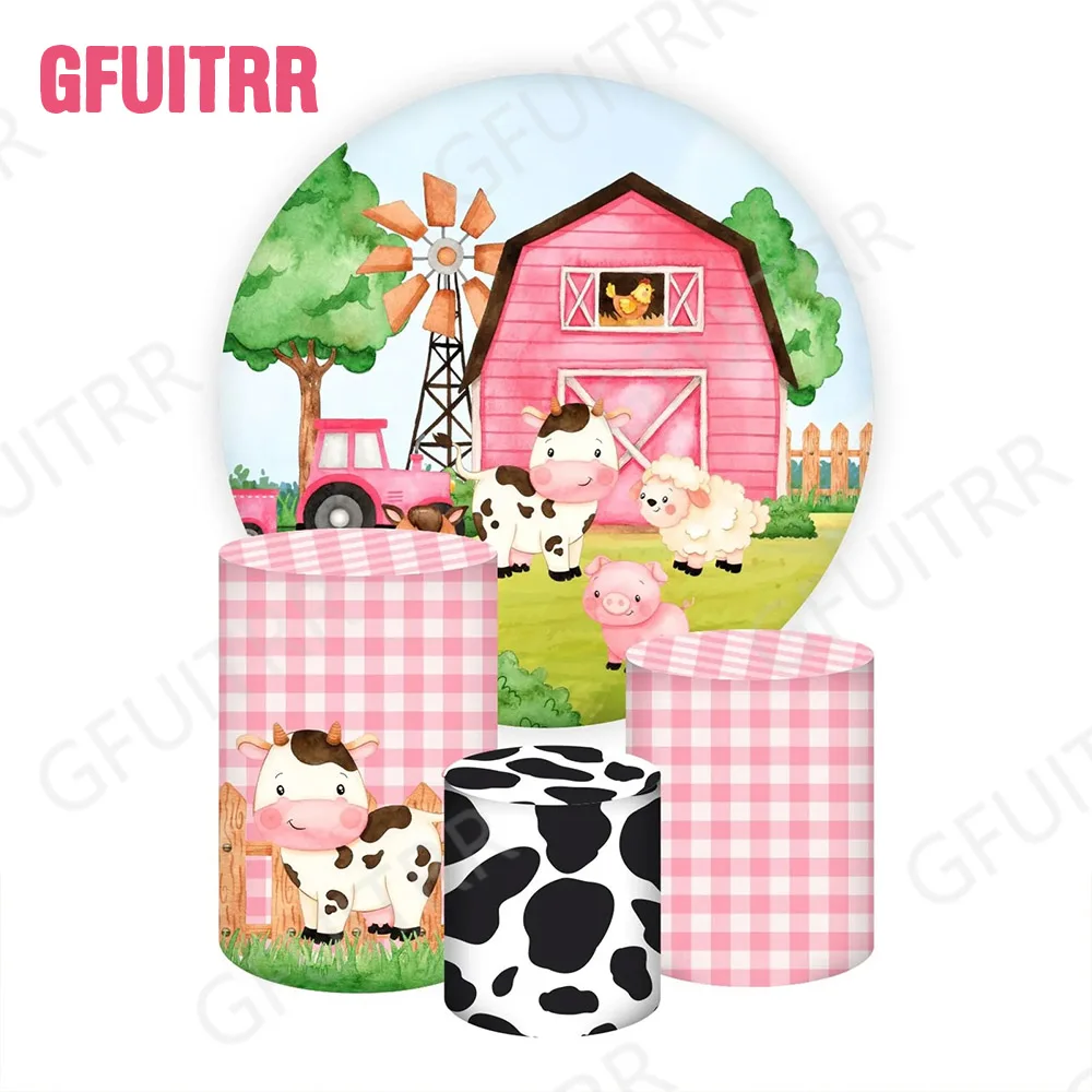 GFUITRR Farm Animals Round Backdrop Kids Birthday Party Decoration Baby Shower Circle and Cylinder Covers Photo Props