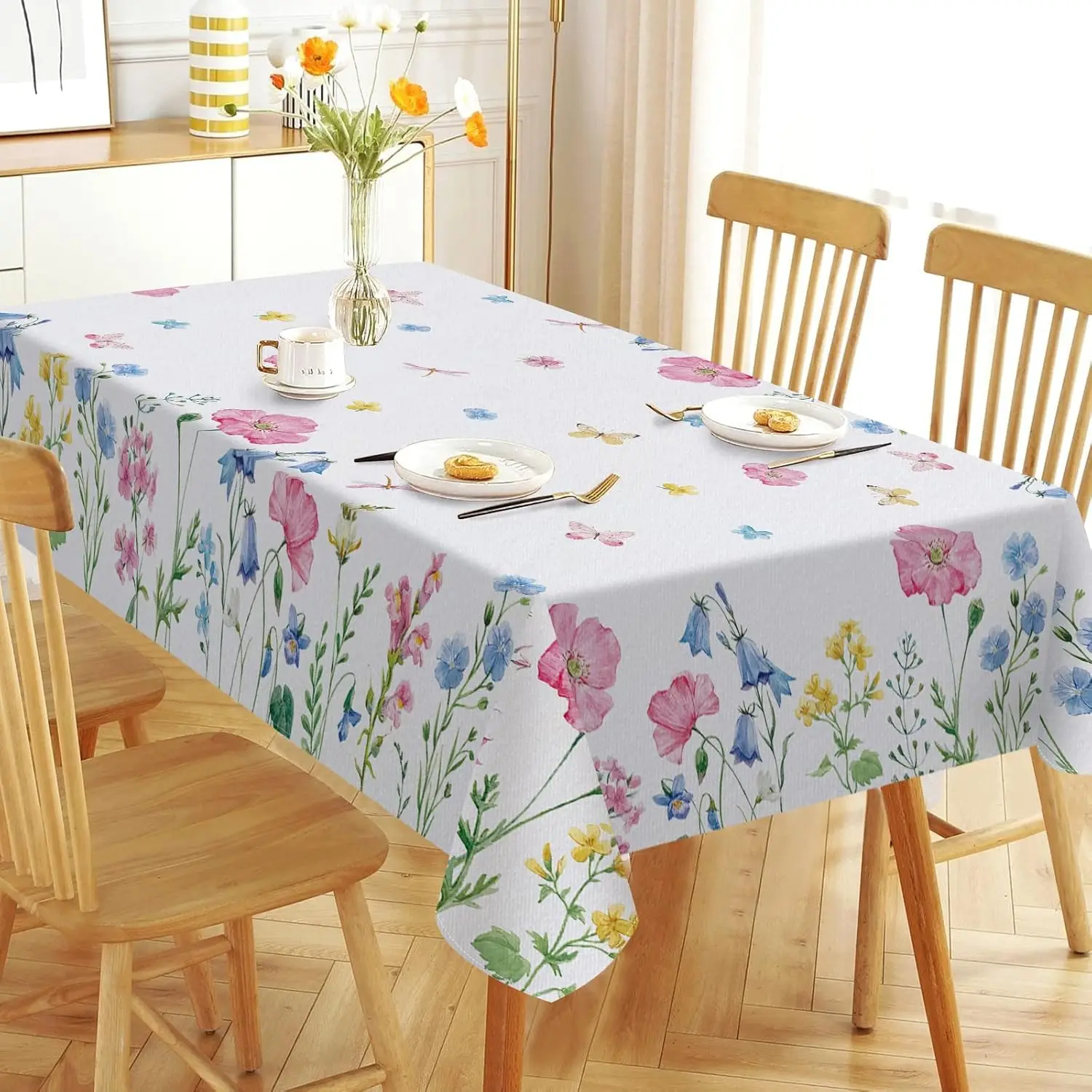 Spring Poppy Bellflower Bloom Floral Tablecloth Wedding Decorations Summer Watercolor Flowers Rectangle Table Cloth Party Decor