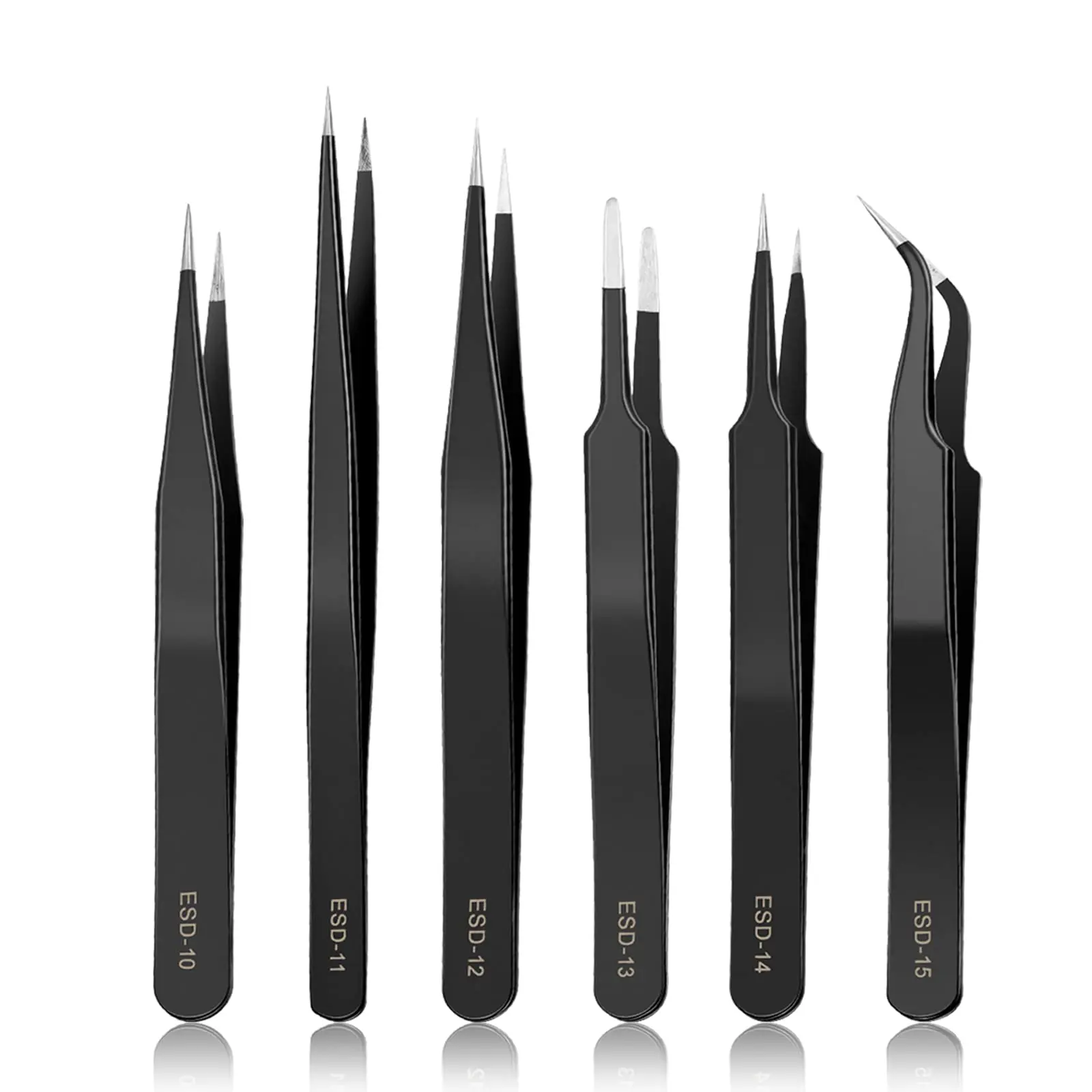 プレミアム 6 ピース帯電防止ステンレス鋼ピンセットキット、電子機器はんだ付けジュエリークラフト研究室作業および DIY 使用用