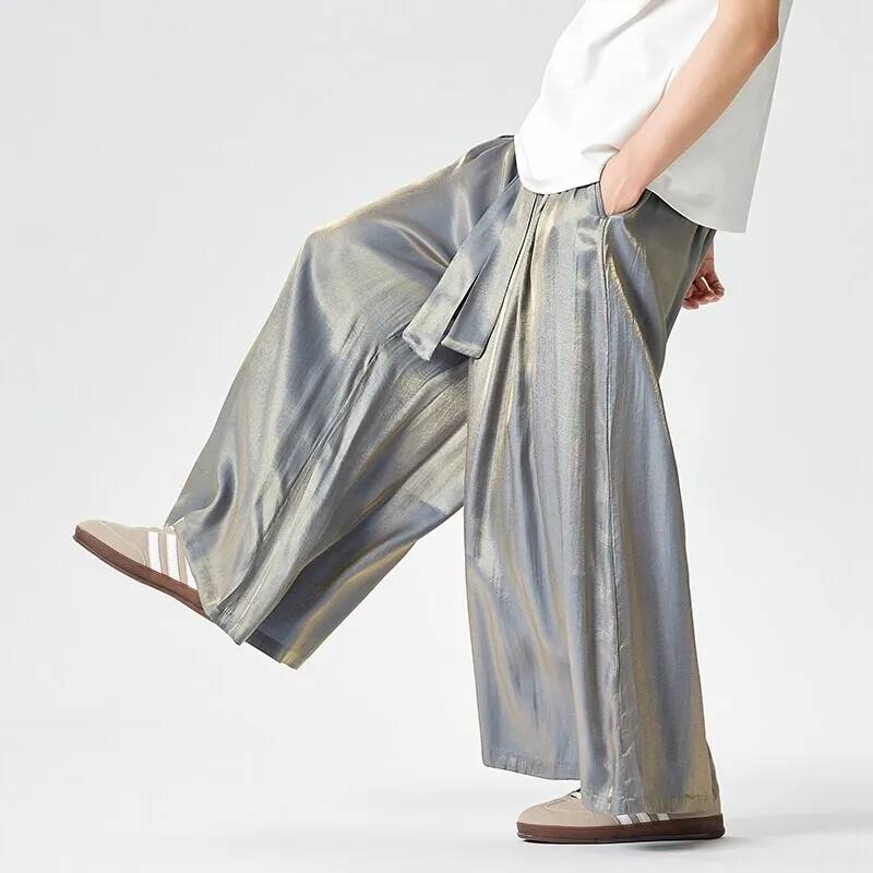 

Straight Leg Pants Chinese Style Retro Wide Leg Pants Mens Casual Loose Trousers Comfortable Breathable Ice Silk Man Sweatpants