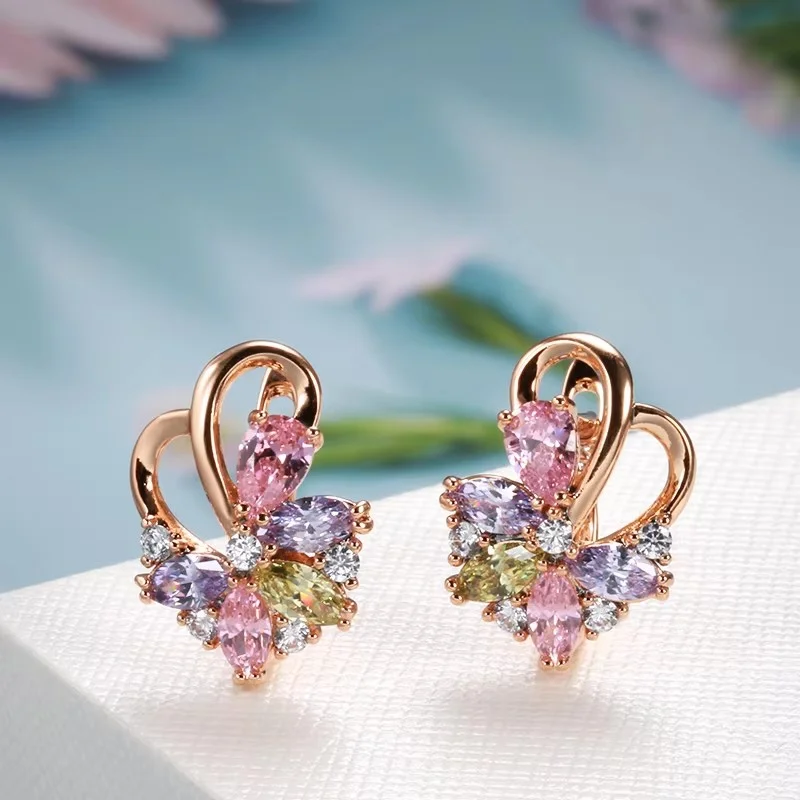 Kinel Heißer 585 Rose Gold Farbe Blume Ohrringe Ringe Für Frauen Mode Bunte Natürliche Zirkon Zubehör Täglichen Schmuck Sets