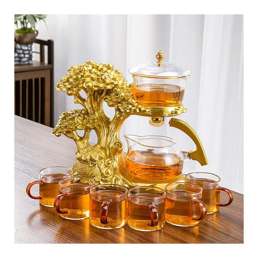 

Lazy Kungfu Glass Tea Set Semi Automatic Drip Rotating with Infuser Glass Teapot Set Money Tree Tea Set6 cups