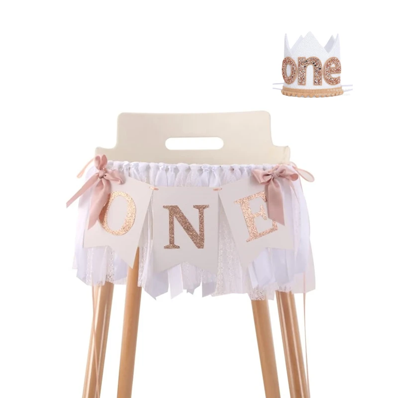 Rose Gold Blush White Highchair Banner Girl 1st Birthday Banner First One Year Party Decor with Cown