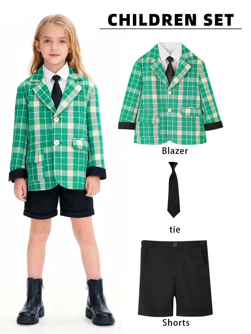 New Spring & Autumn Girls' School Style Suit Set With Blazer Shorts Tie Kids Piano Host Speech Performance Costume
