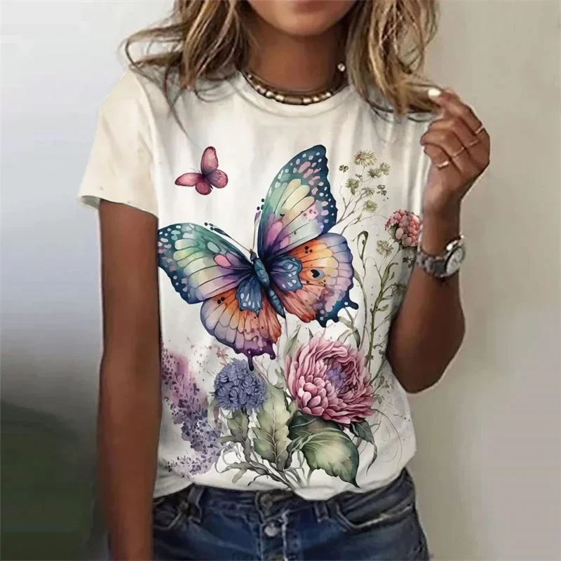 

Women's T-Shirt Butterfly Graphic Print Summer Short Sleeve Casual Tops Street Fashion O Neck T-Shirt Y2k Tops Female Clothing