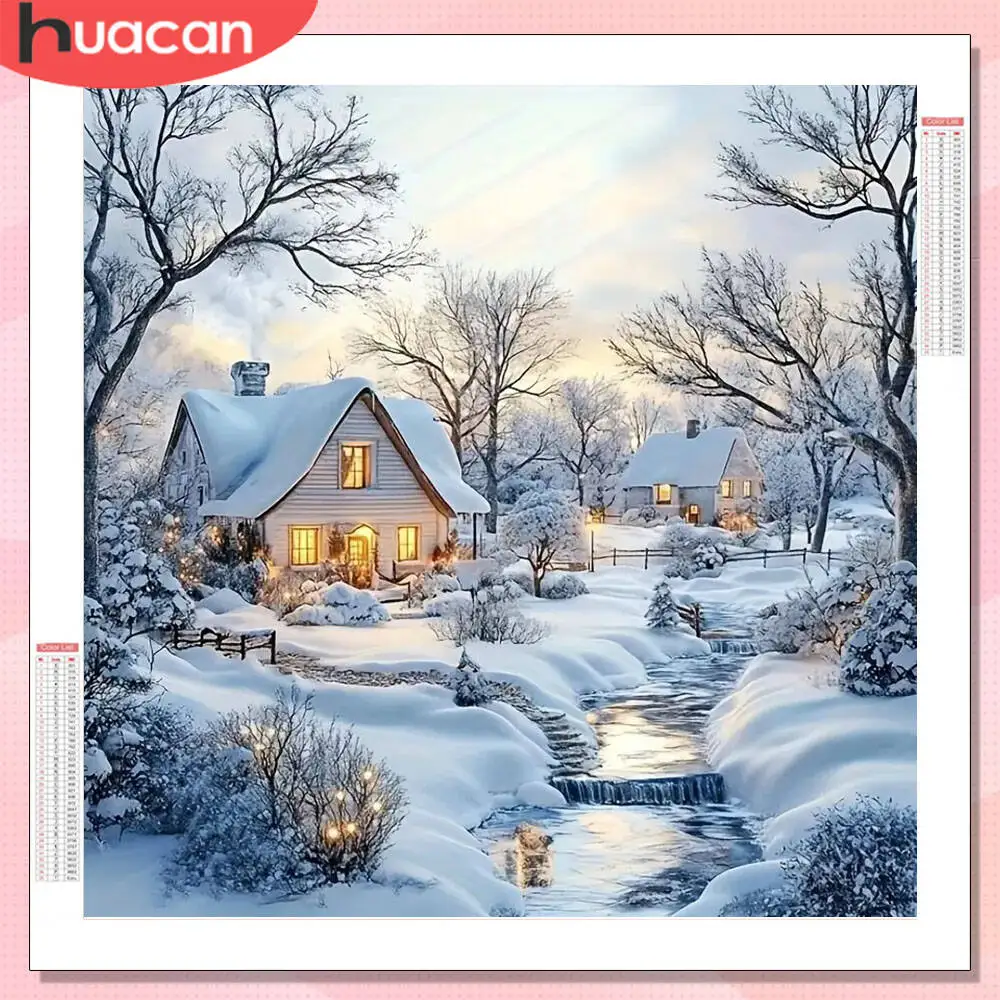 HUACAN Diamant-Gemälde, Winterhaus, Landschaft, voller runder Bohrer, Heimdekoration, Diamant-Mosaik, Kreuzstich