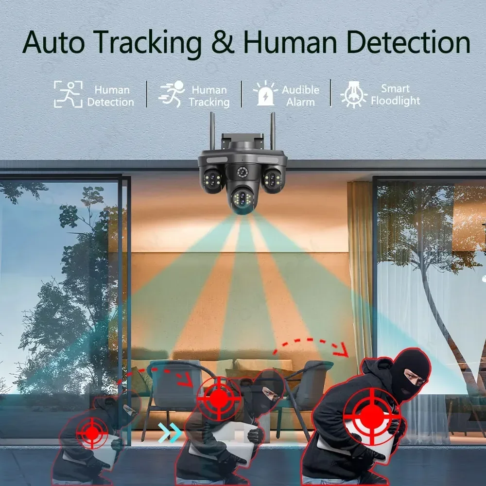 35MP Four Screen WiFi Security Red and Blue Light Alarm Outdoor Seven Lens Three PTZ 10X Optical Zoom  Auto Tracking CCTV Camera