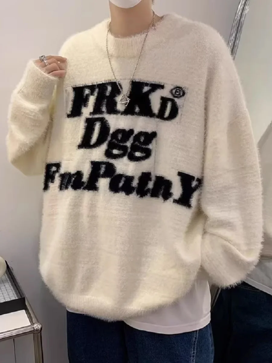 

Thiened American Letter Print Sweater for Men And Women Autumn Winter High Street Couple's College Sle Knitted Top