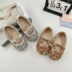 Girls Glitter Shoes for Wedding Party Kids Flat Rhinestone with Pendant Princess Sweet Little Children Dress Shoes Elastic Band