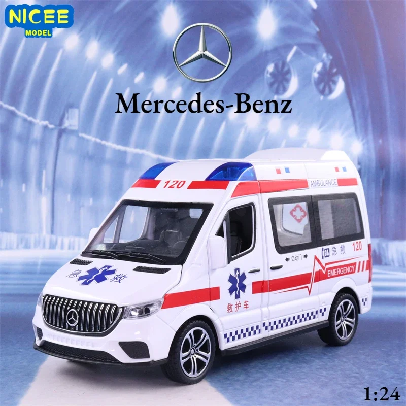 

1:24 Mercedes-Benz Ambulance police vehicle Diecast Metal Alloy Model car Sound Light Pull Back Collection Kids Toy Gifts A408