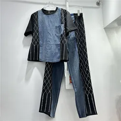 Women Diamonds Grid Hot Drilling Denim Spliced T-Shirts Short Sleeve Crystal Tees Tops + Jeans Pants Cowboy Trousers 2Pcs Set