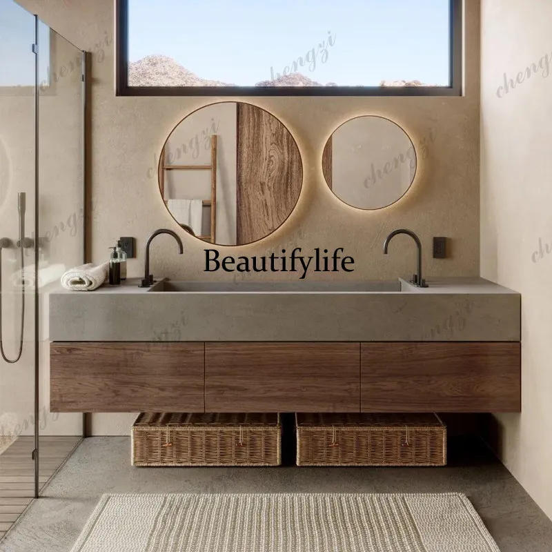 Wabi Sandy Wind Antique Bathroom Cabinet Rock Slate Integrated Basin Rock Slate Hot Bending Basin Walnut Washing Cabinet