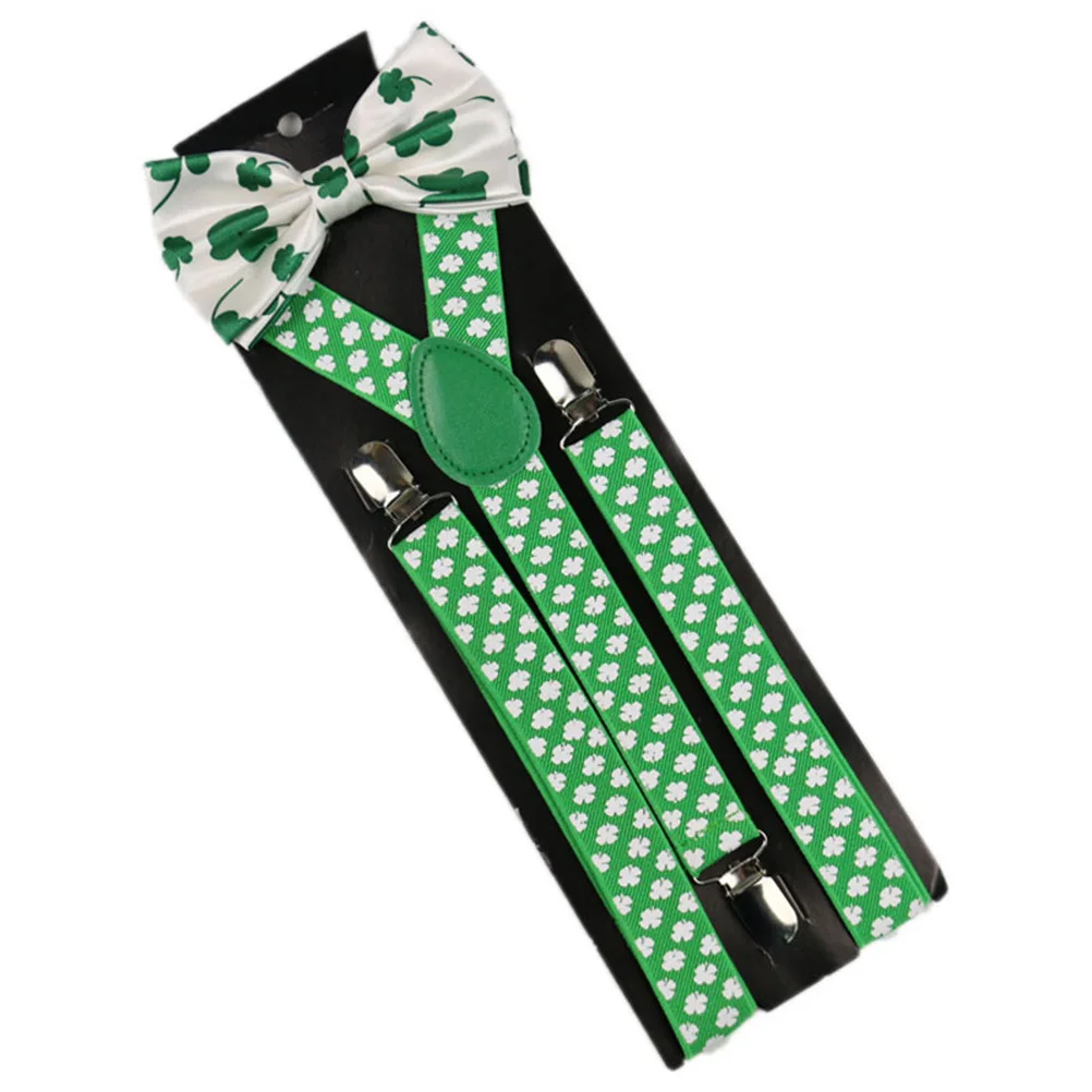 

2pcs in 1 Set Party Suspenders Set Clover Printing Bow Tie Decoration Shamrock Tie Dress up Supplies Favors Accessories for St.