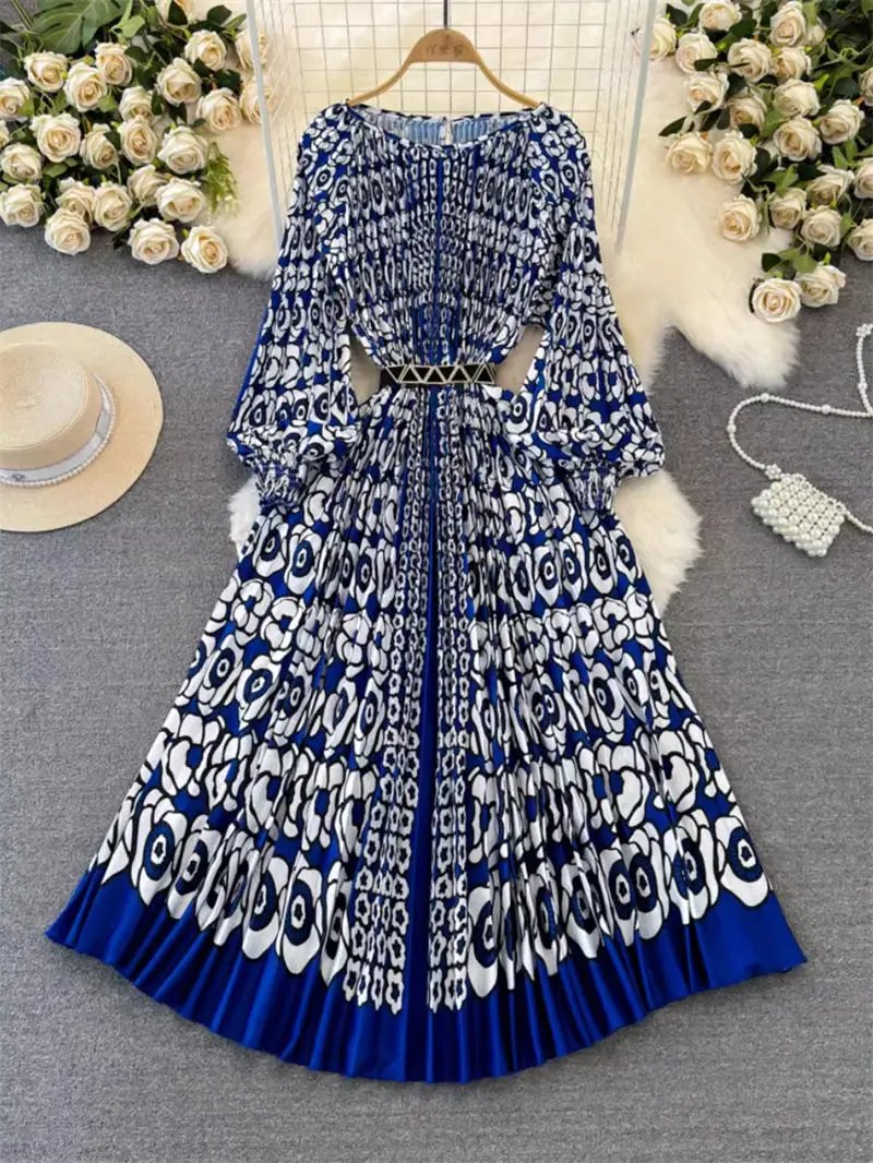 High End Light Luxury Pleated Dress For Women Temperament Long Sleeve Round Neck Waist Slim A-Line Printed Elegant Dress K662