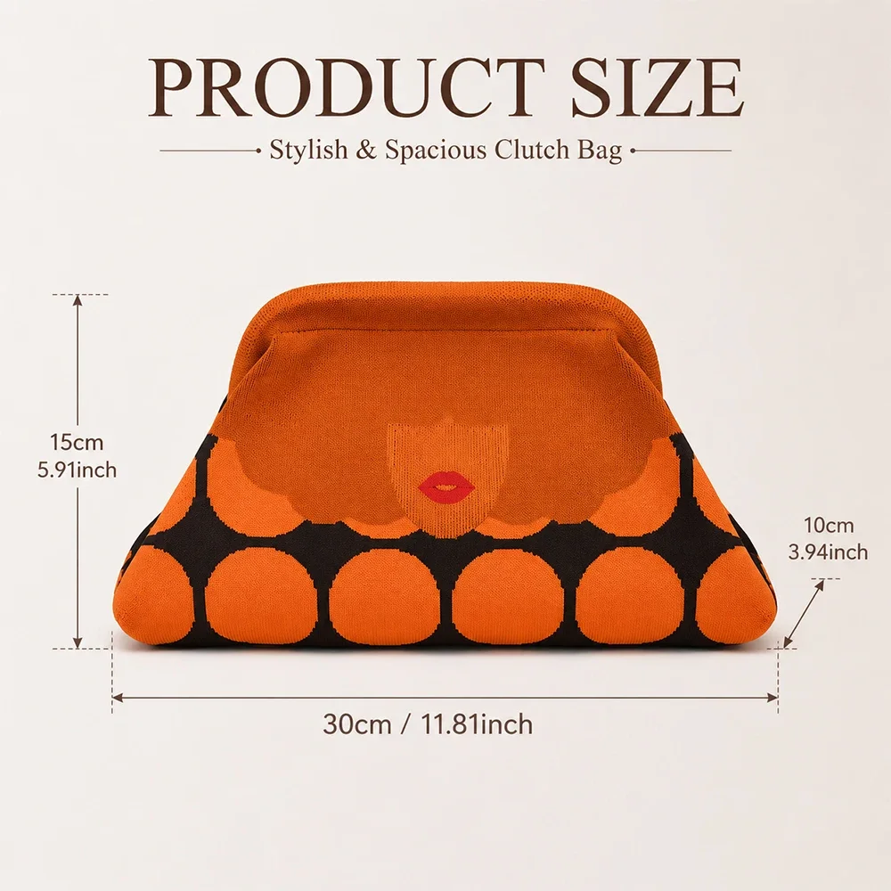Damen Retro Lippen-Print Strick-Clutch, Orange-Schwarze Vintage-Handtasche für Casual- und Abendpartys, Lippenstift-Make-up-Tasche – Detail 5