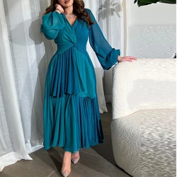 CustomizedElegant 사진 컬러 스트레이트 이브닝 드레스 주름 발목 길이 V-Ncek 쉬폰 긴 소매 Robe de soirée 사용자 정의 크기