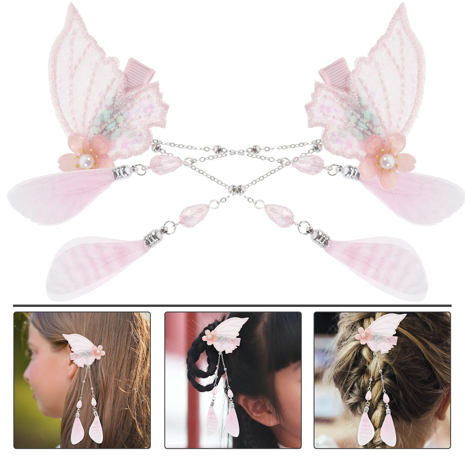 

2pcs Butterfly Hair Clips Flowers Pearl Tassel Barrettes Kids Masquerade Party Accessories Bright Colors Christmas Gifts
