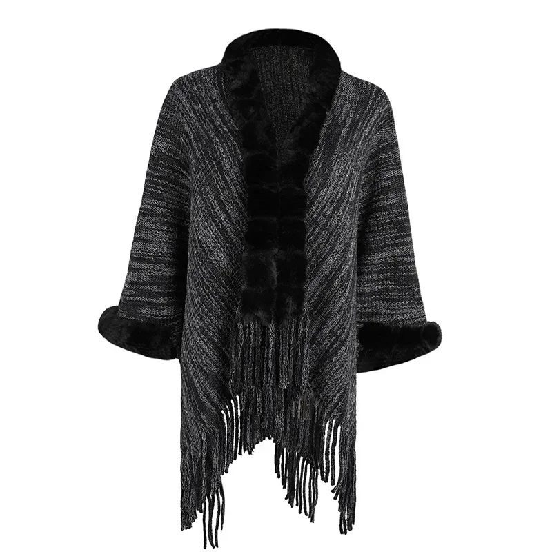 

Autumn Winter New European American Capes Shawl Imitation Wool Collar Tassel Sweater Ponchos Lady Cape Cloak Black Cardigan