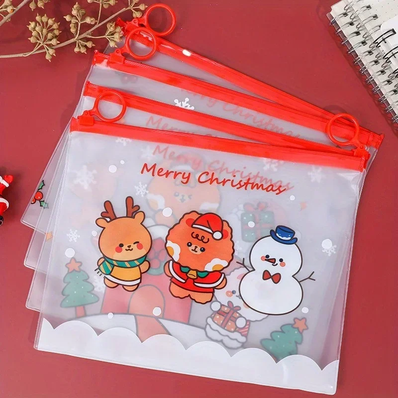 12pcs Christmas Ring Zip File Bag Transparent Stationery Organizer for Students Multifunctional Pencil Pouch Organizer