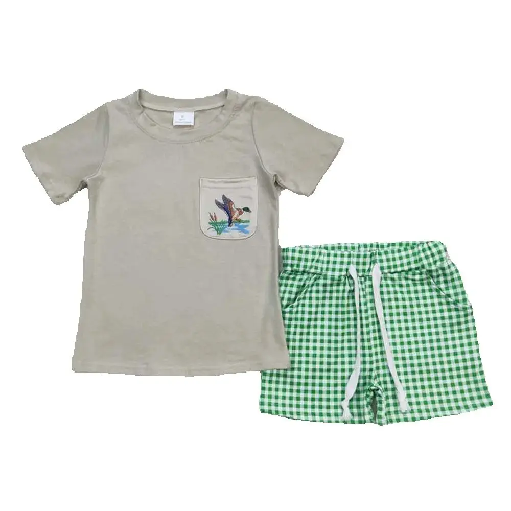 Conjuntos de ropa con pantalones cortos a cuadros y camisa verde de patos para bebés