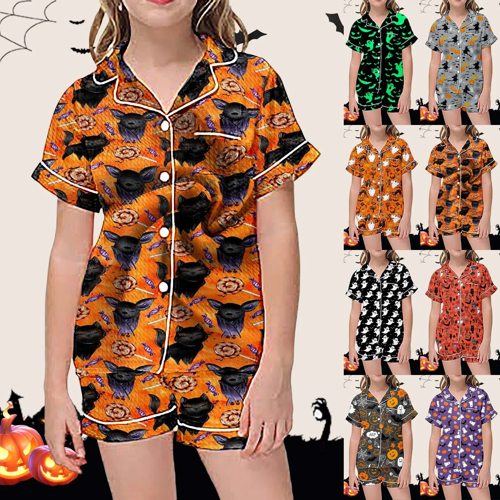 

Multiple Style Halloween Kids Pajama Set Baby Boys Girls Silk Satin Cardigan Short Sleeve+Shorts Sets Children Home Sleepwear